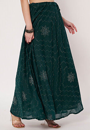 Embellished Chinon Silk Skirt in Dark Teal Green