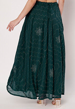 Embellished Chinon Silk Skirt in Dark Teal Green