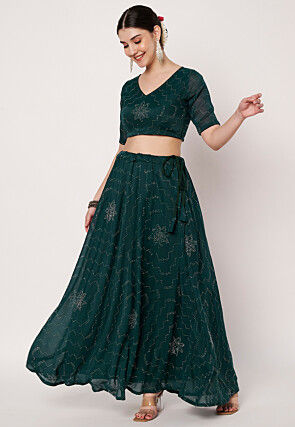 Embellished Chinon Silk Skirt in Dark Teal Green