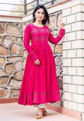 Embellished Cotton A Line Kurta Set in Fuchsia