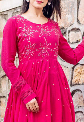 Embellished Cotton A Line Kurta Set in Fuchsia