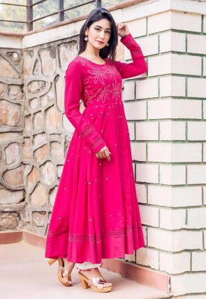 Embellished Cotton A Line Kurta Set in Fuchsia