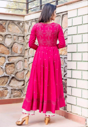 Embellished Cotton A Line Kurta Set in Fuchsia