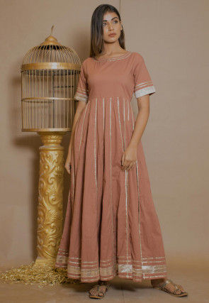 Embellished Cotton Anarkali Kurta in Peach