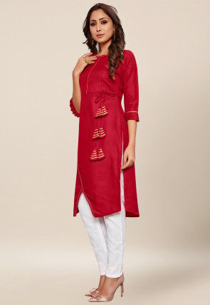 Embellished Cotton Asymmetric Kurta in Maroon