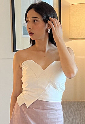 Embellished Cotton Crop Top Set in Off White