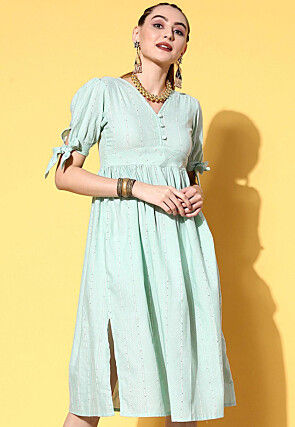 Embellished Cotton Jacquard Short Dress in Sea Green