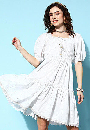 Embellished Cotton Jacquard Tiered Dress in White