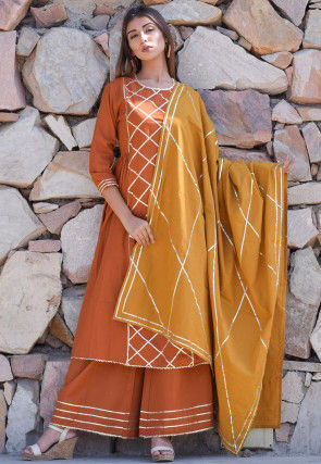 Embellished Cotton Pakistani Suit in Brown