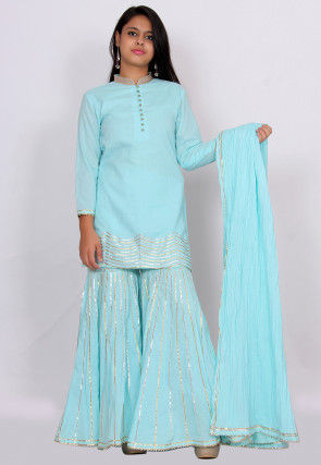 Embellished Cotton Pakistani Suit in Light Blue