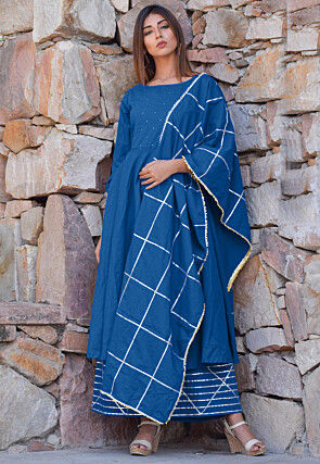 embellished cotton pakistani suit in teal blue v1