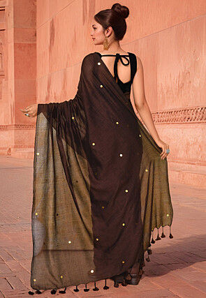 Embellished Cotton Saree in Brown
