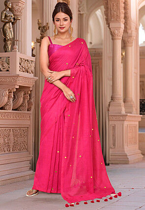 Embellished Cotton Saree in Fuchsia
