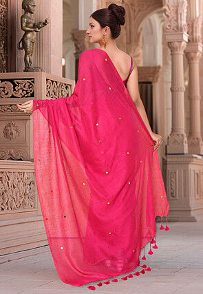 Embellished Cotton Saree in Fuchsia