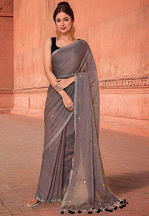 Embellished Cotton Saree in Grey