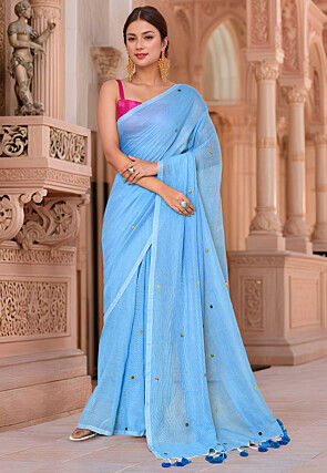 Embellished Cotton Saree in Light Blue