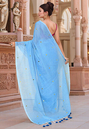 Embellished Cotton Saree in Light Blue