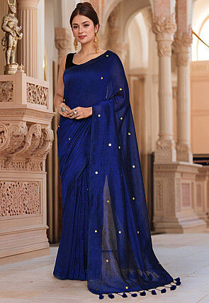 Embellished Cotton Saree in Navy Blue