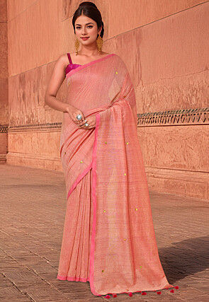 Embellished Cotton Saree in Peach
