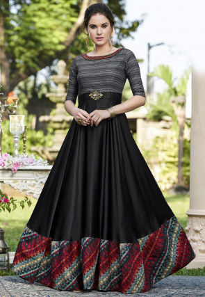 Embellished Cotton Satin Gown in Black