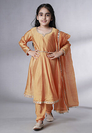 Embellished Cotton Silk A Line Suit in Dark Beige