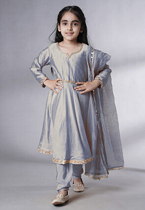Embellished Cotton Silk A Line Suit in Grey