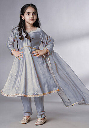 Embellished Cotton Silk A Line Suit in Grey