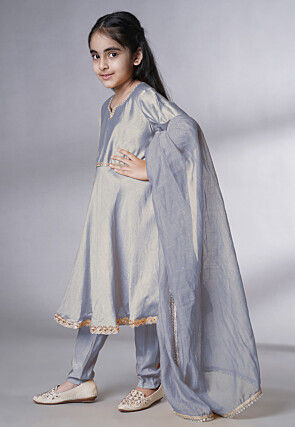 Embellished Cotton Silk A Line Suit in Grey