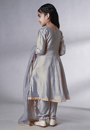 Embellished Cotton Silk A Line Suit in Grey