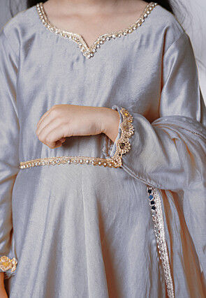 Embellished Cotton Silk A Line Suit in Grey