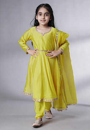 Embellished Cotton Silk A Line Suit in Olive Green