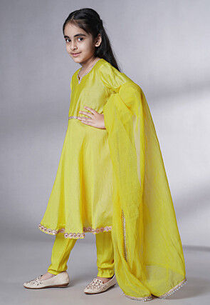 Embellished Cotton Silk A Line Suit in Olive Green