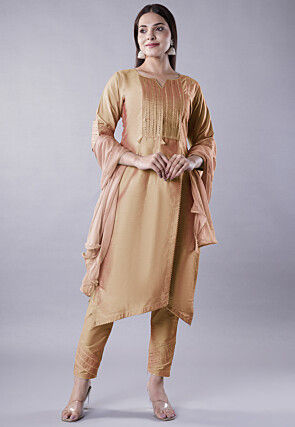 Embellished Cotton Silk Asymmetric Pakistani Suit in Beige