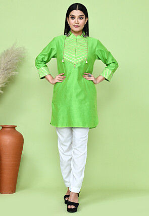 Embellished Cotton Silk Kurti in Light Green