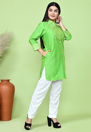 Embellished Cotton Silk Kurti in Light Green