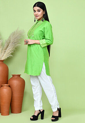 Embellished Cotton Silk Kurti in Light Green