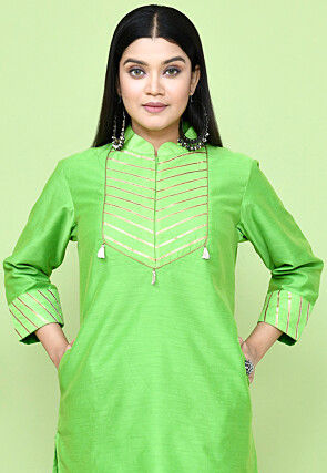 Embellished Cotton Silk Kurti in Light Green