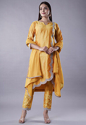 Embellished Cotton Silk Pakistani Suit in Mustard