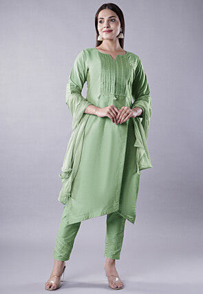 Embellished Cotton Silk Pakistani Suit in Olive Green