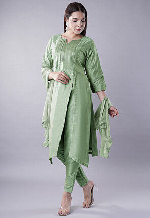 Embellished Cotton Silk Pakistani Suit in Olive Green