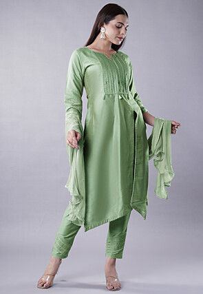 Embellished Cotton Silk Pakistani Suit in Olive Green