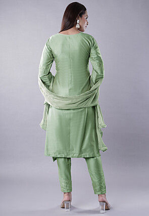 Embellished Cotton Silk Pakistani Suit in Olive Green