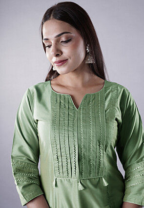 Embellished Cotton Silk Pakistani Suit in Olive Green