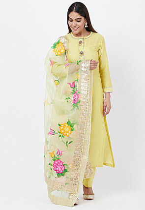 Embellished Cotton Silk Pakistani Suit in Yellow