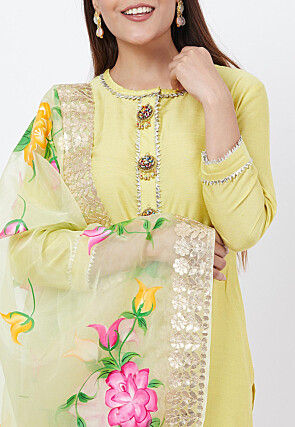 Embellished Cotton Silk Pakistani Suit in Yellow