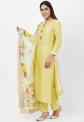 Embellished Cotton Silk Pakistani Suit in Yellow