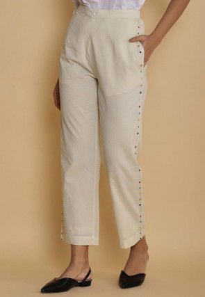 Embellished Cotton Silk Pant in Off White