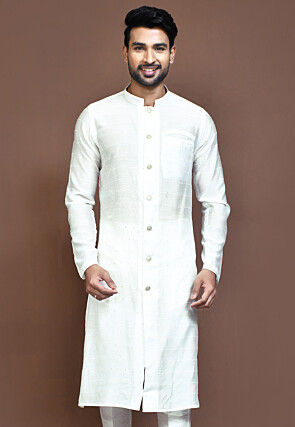 Embellished Cotton Silk Sherwani in White
