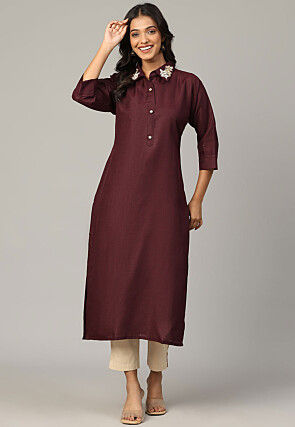 Embellished Cotton Slub Straight Kurta in Maroon