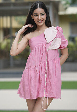 Embellished Cotton Tiered Dress in Pink